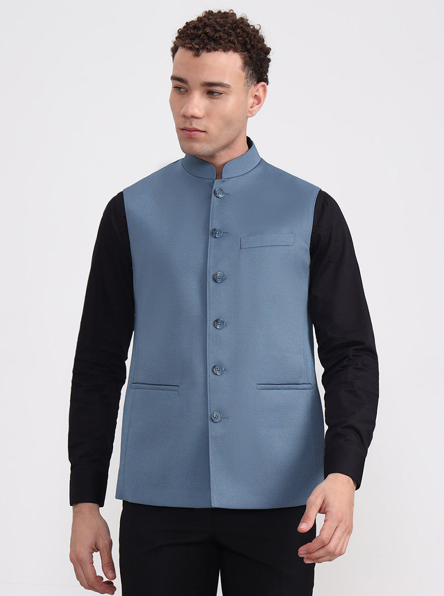 Blue Solid Regular Fit Modi Jacket | JadeBlue
