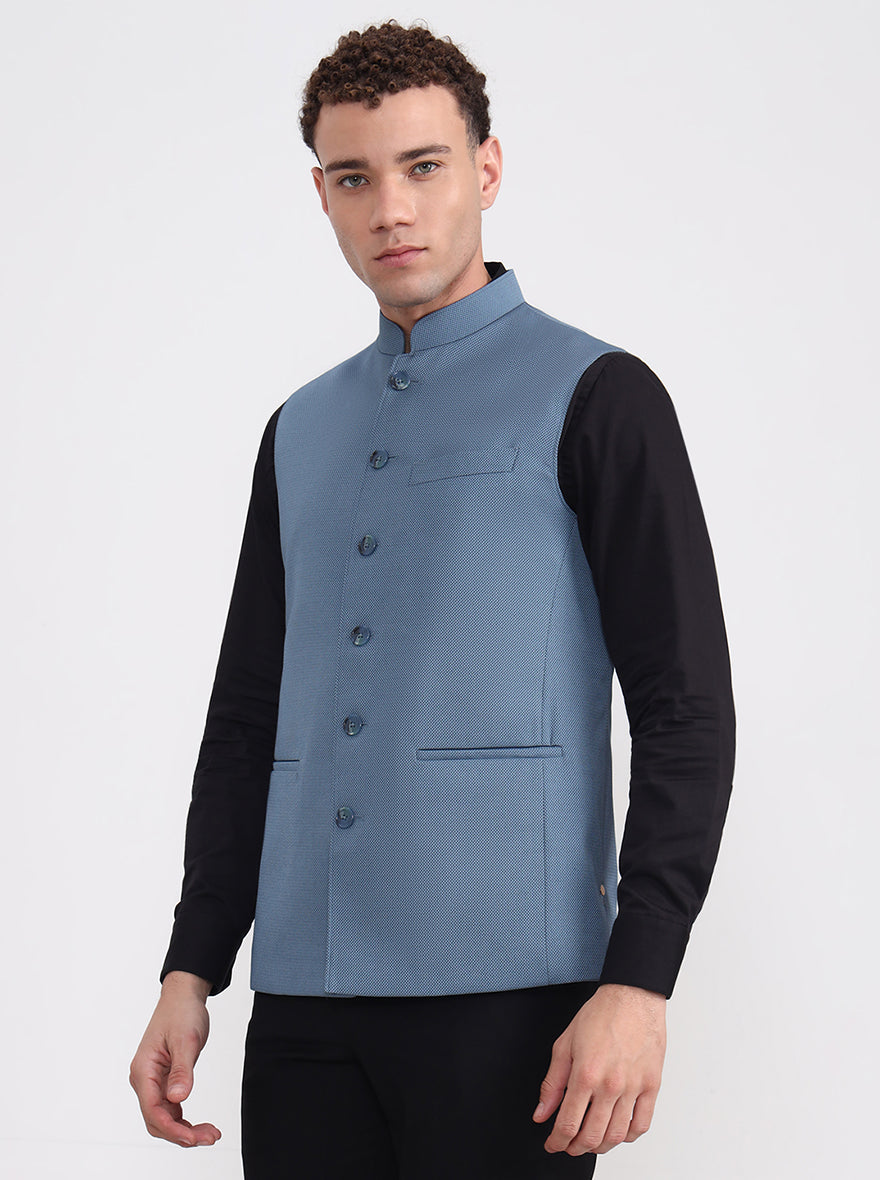 Blue Solid Regular Fit Modi Jacket | JadeBlue