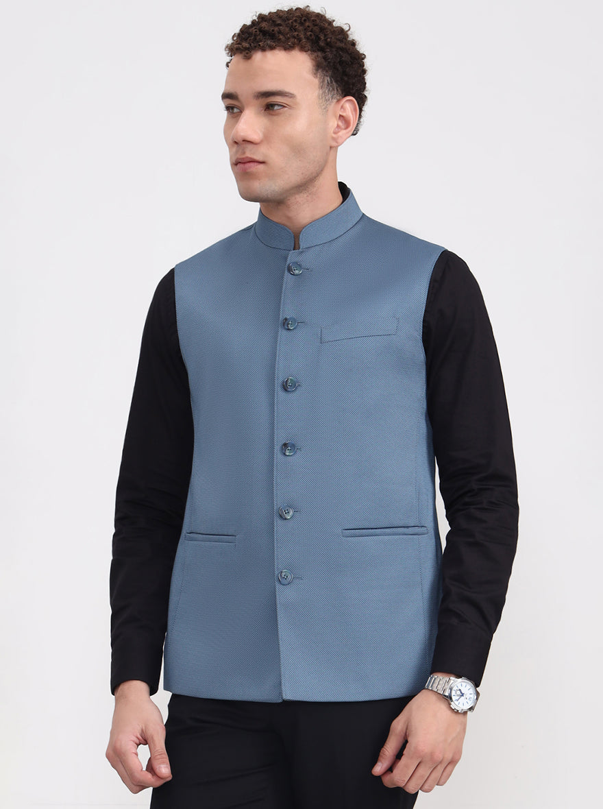 Blue Solid Regular Fit Modi Jacket | JadeBlue