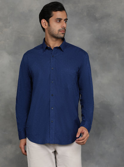 Navy Blue Printed Smart Fit Semi Casual Shirt | GreenFibre