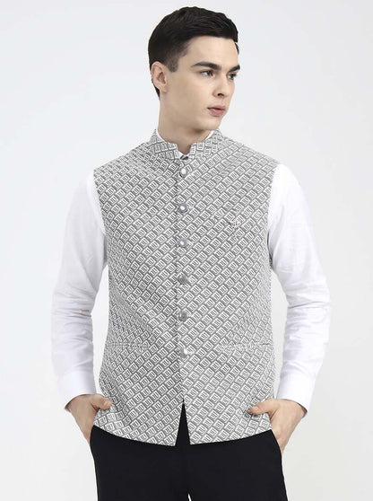 White Printed Regular Fit Waistcoat | Wyre