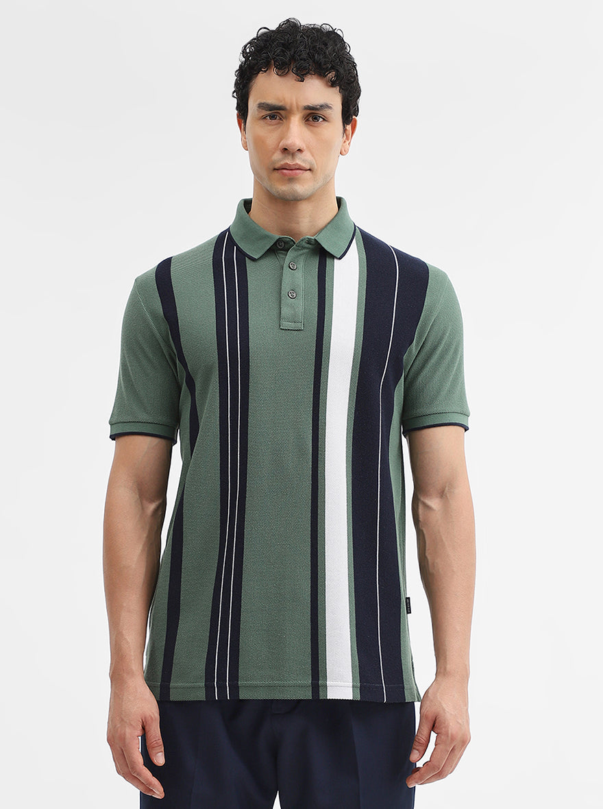 Green & Navy Striped Slim Fit Polo T-Shirt | JadeBlue