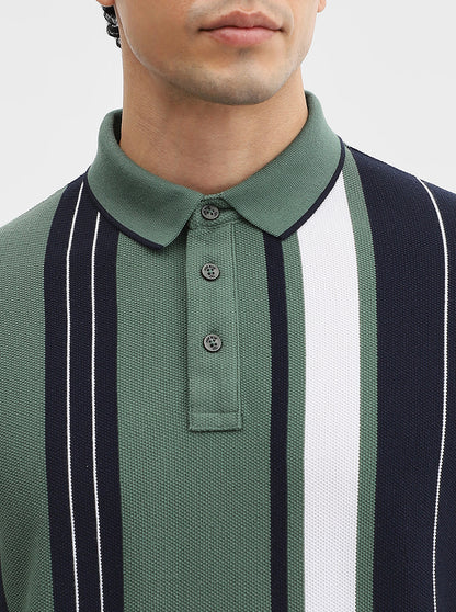 Green & Navy Striped Slim Fit Polo T-Shirt | JadeBlue