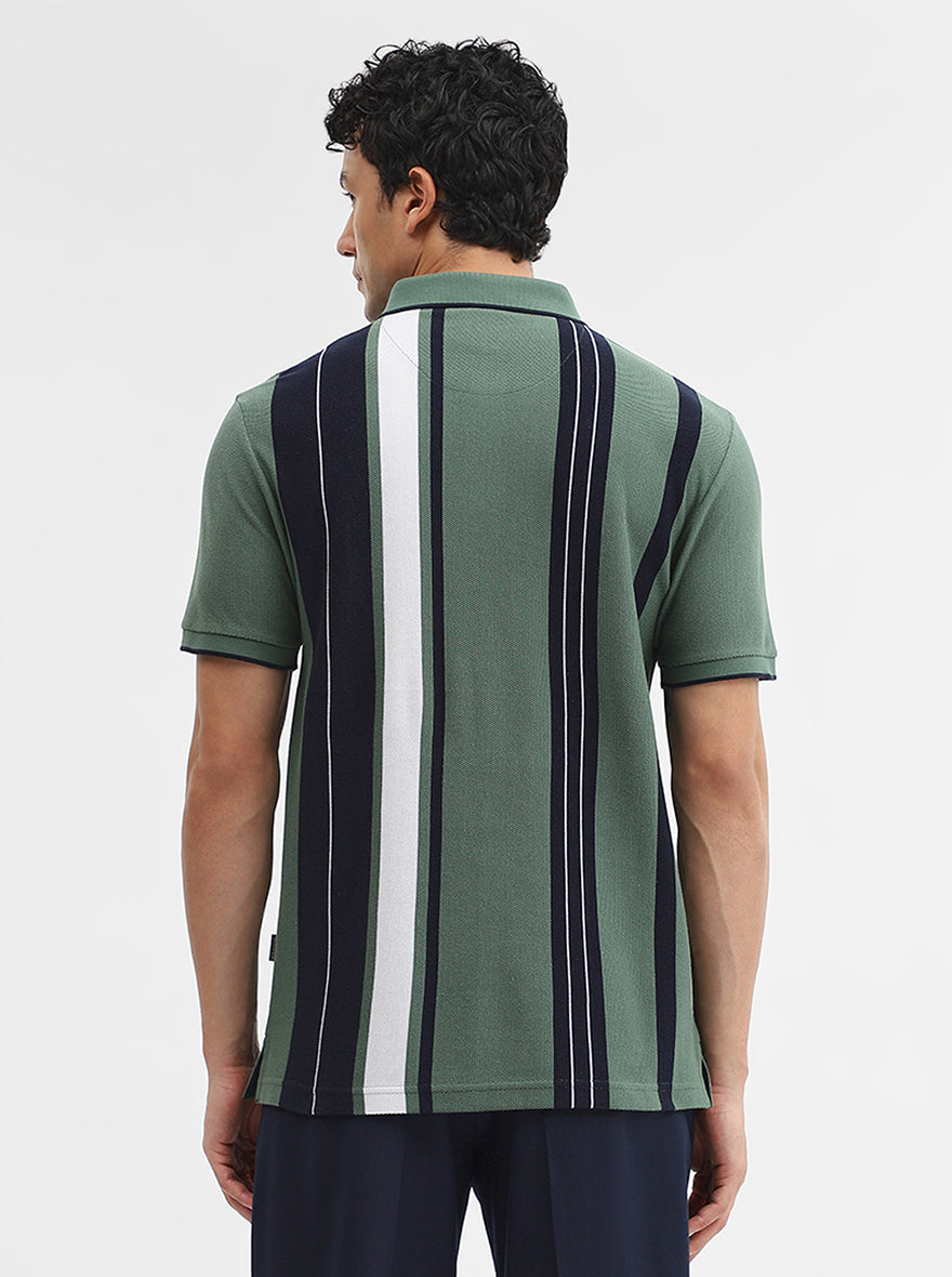 Green & Navy Striped Slim Fit Polo T-Shirt | JadeBlue