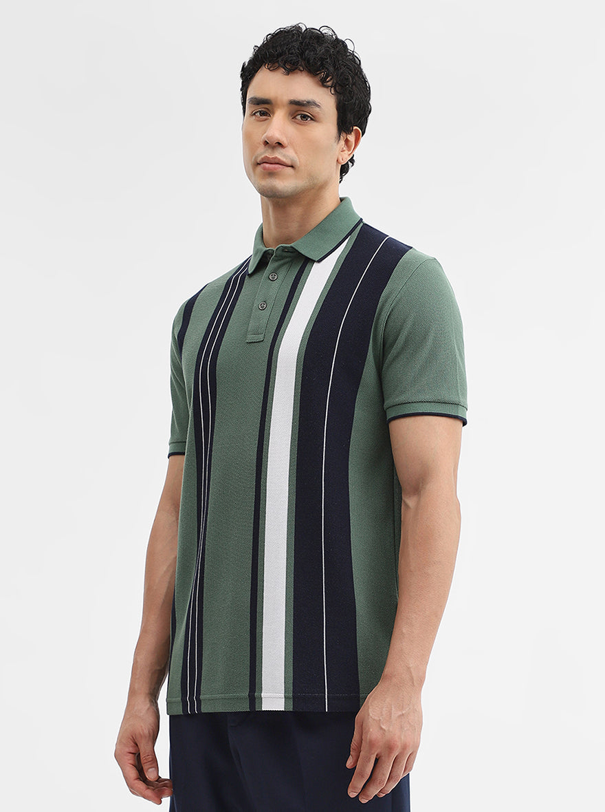 Green & Navy Striped Slim Fit Polo T-Shirt | JadeBlue