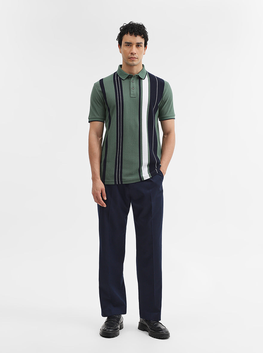 Green & Navy Striped Slim Fit Polo T-Shirt | JadeBlue