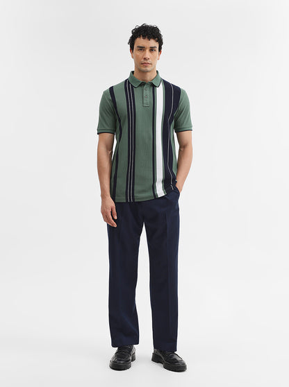 Green & Navy Striped Slim Fit Polo T-Shirt | JadeBlue