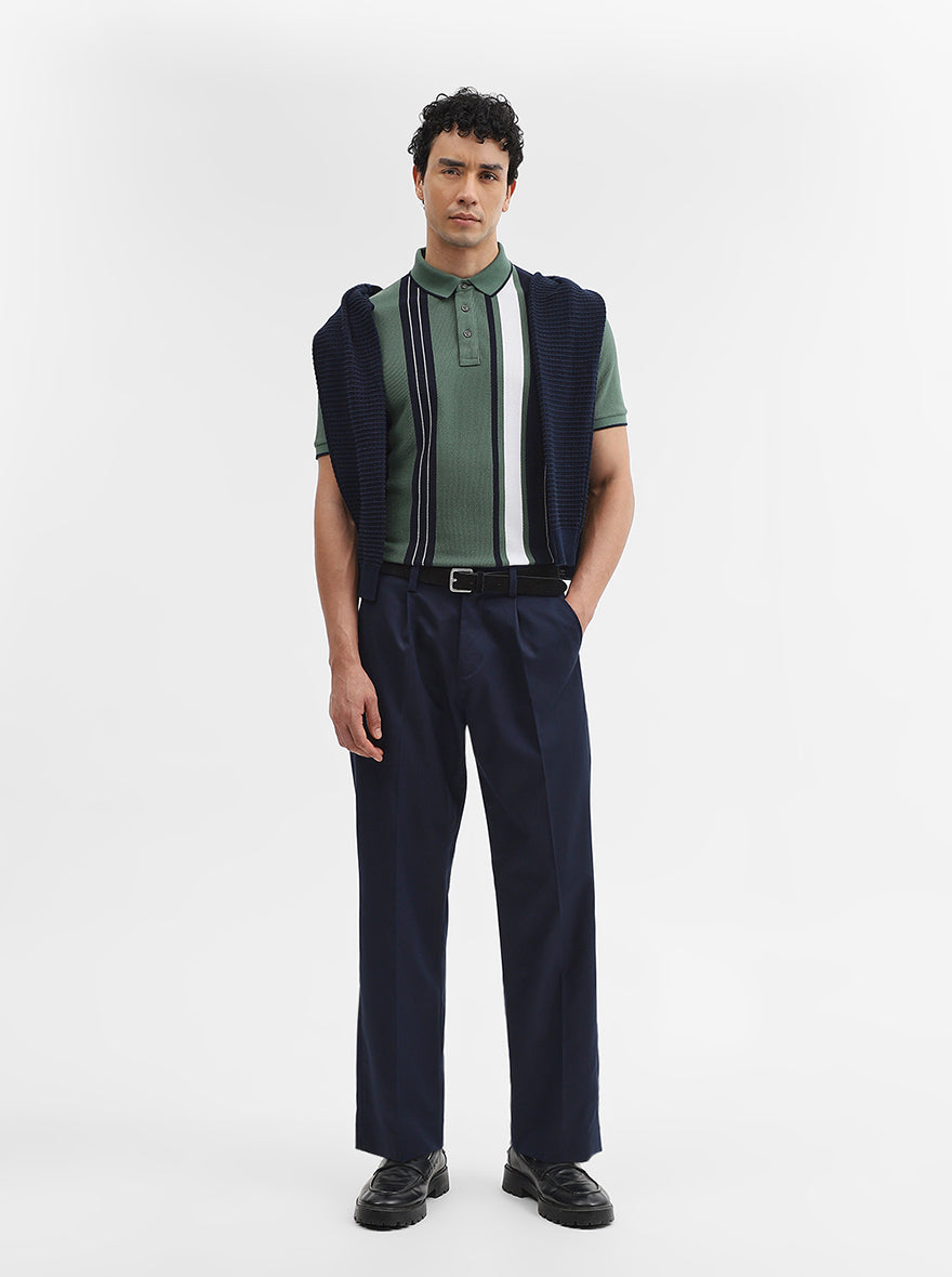 Green & Navy Striped Slim Fit Polo T-Shirt | JadeBlue