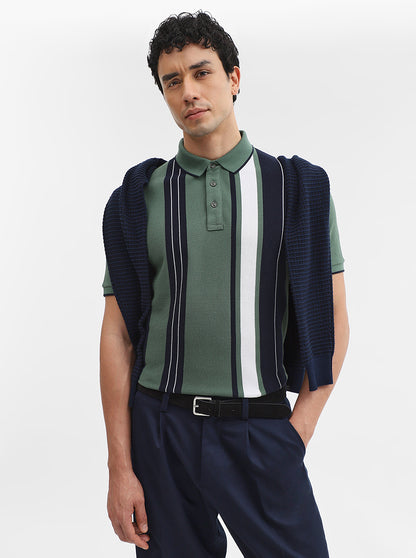 Green & Navy Striped Slim Fit Polo T-Shirt | JadeBlue