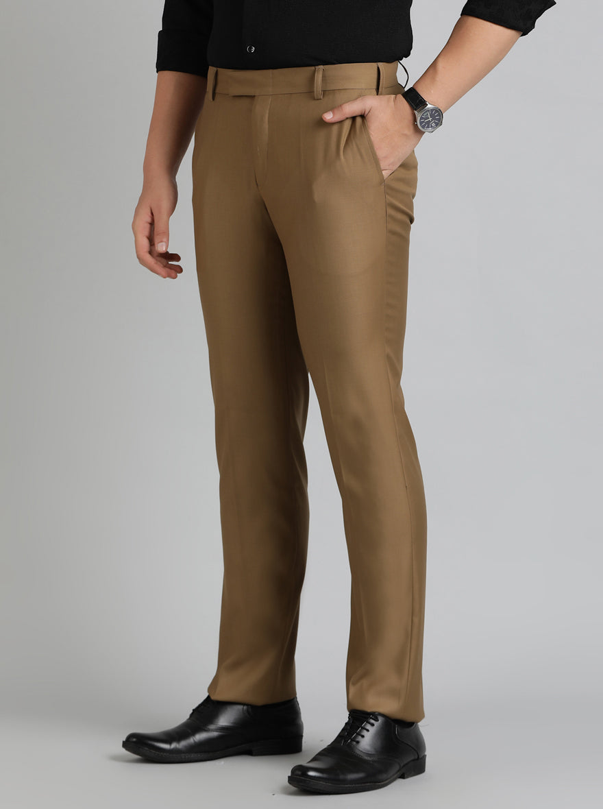 Khaki Solid Slim Fit Formal Trouser | Metal