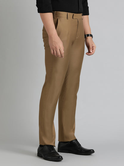 Khaki Solid Slim Fit Formal Trouser | Metal