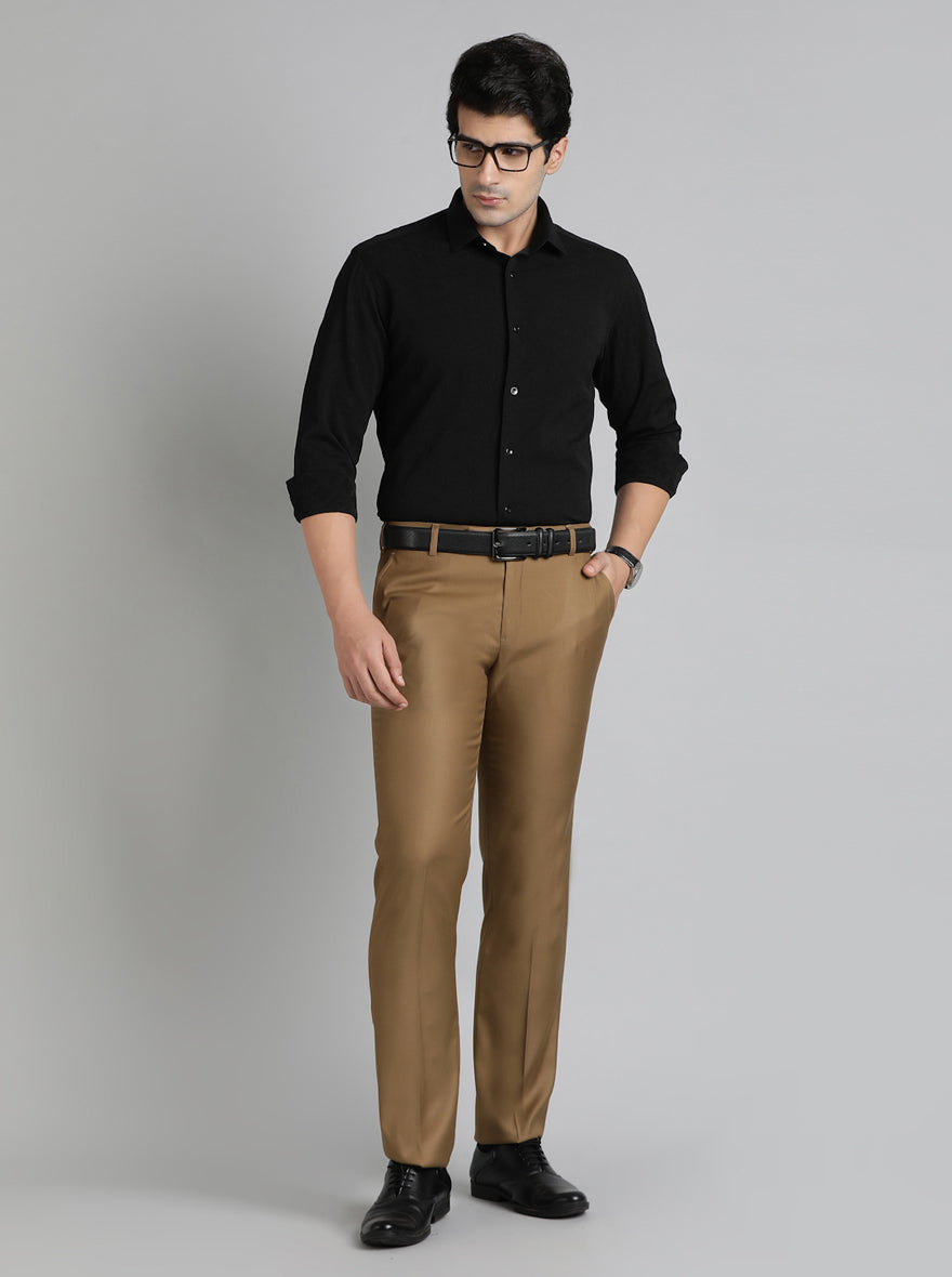 Khaki Solid Slim Fit Formal Trouser | Metal