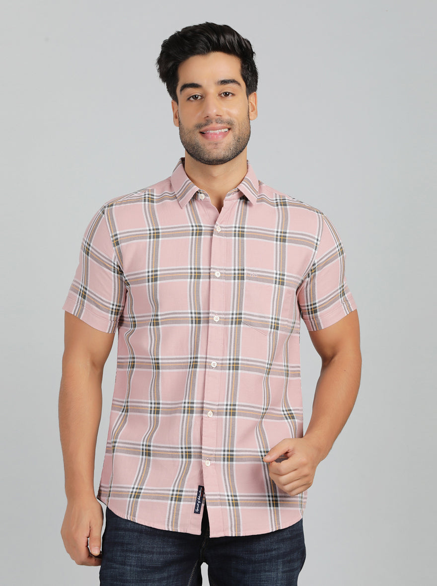 Dusky Pink Checked Slim Fit Casual Shirt | JadeBlue