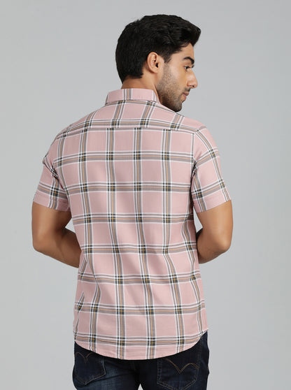 Dusky Pink Checked Slim Fit Casual Shirt | JadeBlue