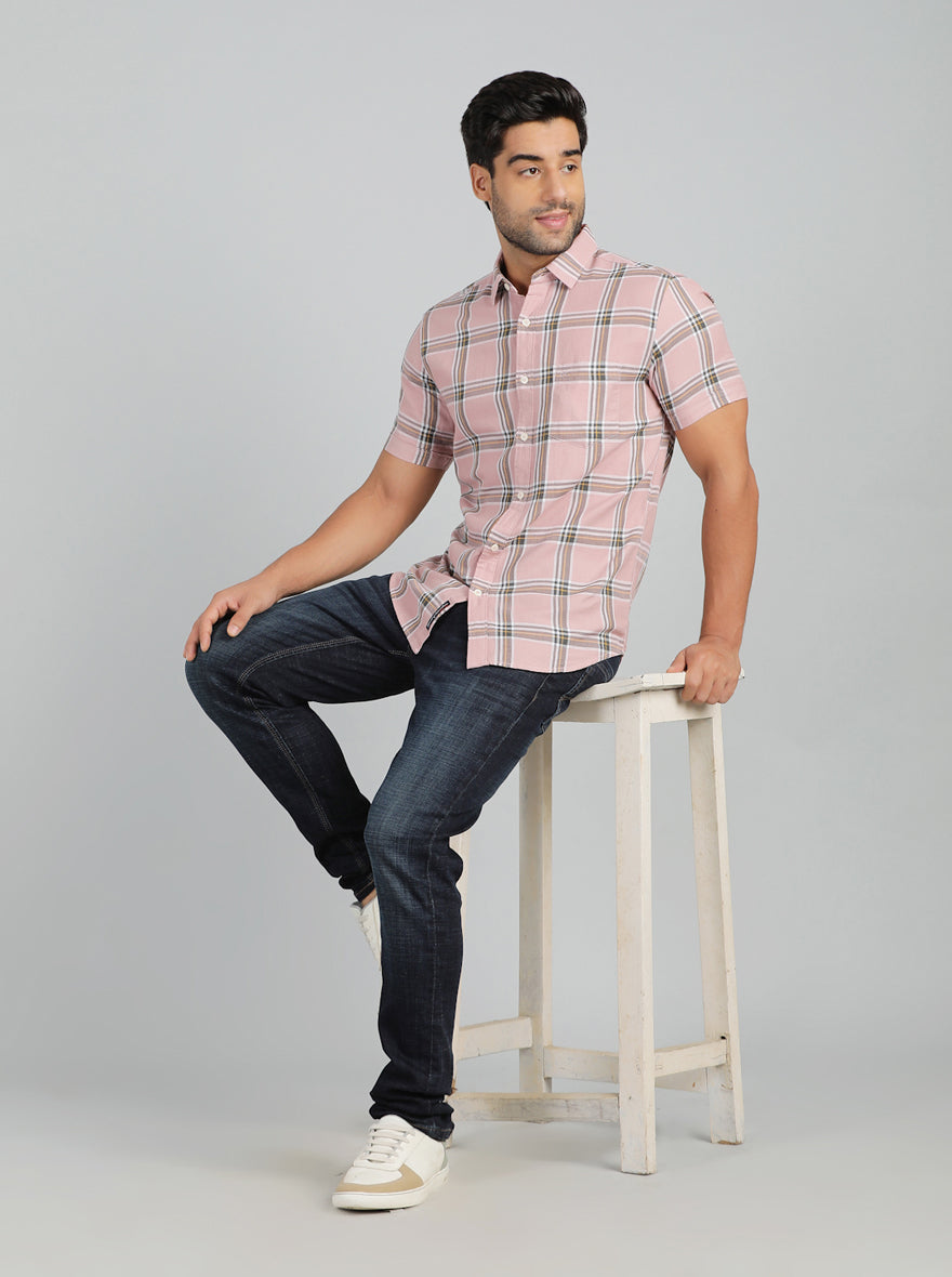 Dusky Pink Checked Slim Fit Casual Shirt | JadeBlue