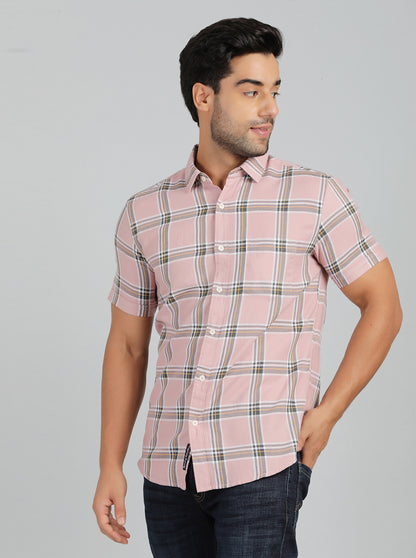 Dusky Pink Checked Slim Fit Casual Shirt | JadeBlue