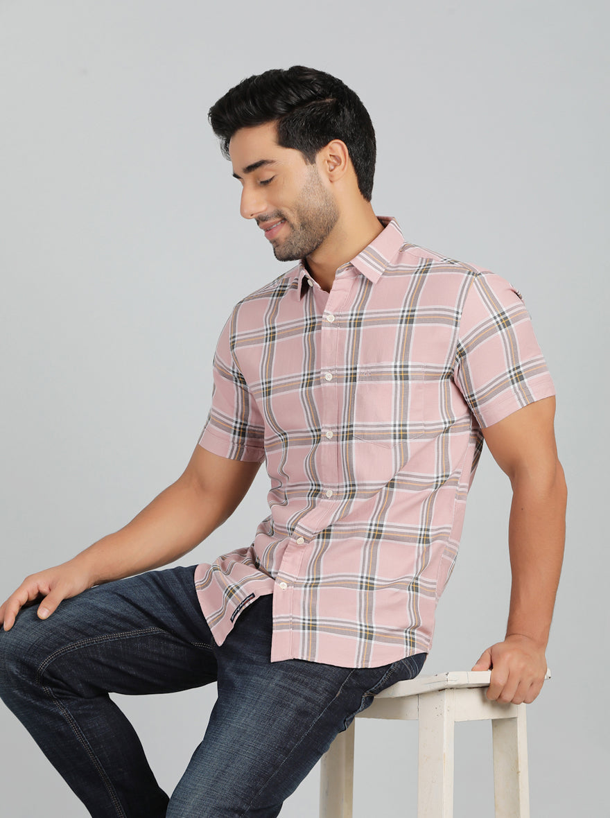 Dusky Pink Checked Slim Fit Casual Shirt | JadeBlue