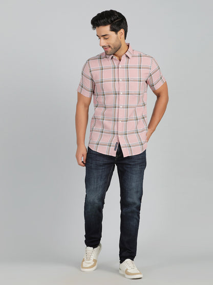 Dusky Pink Checked Slim Fit Casual Shirt | JadeBlue