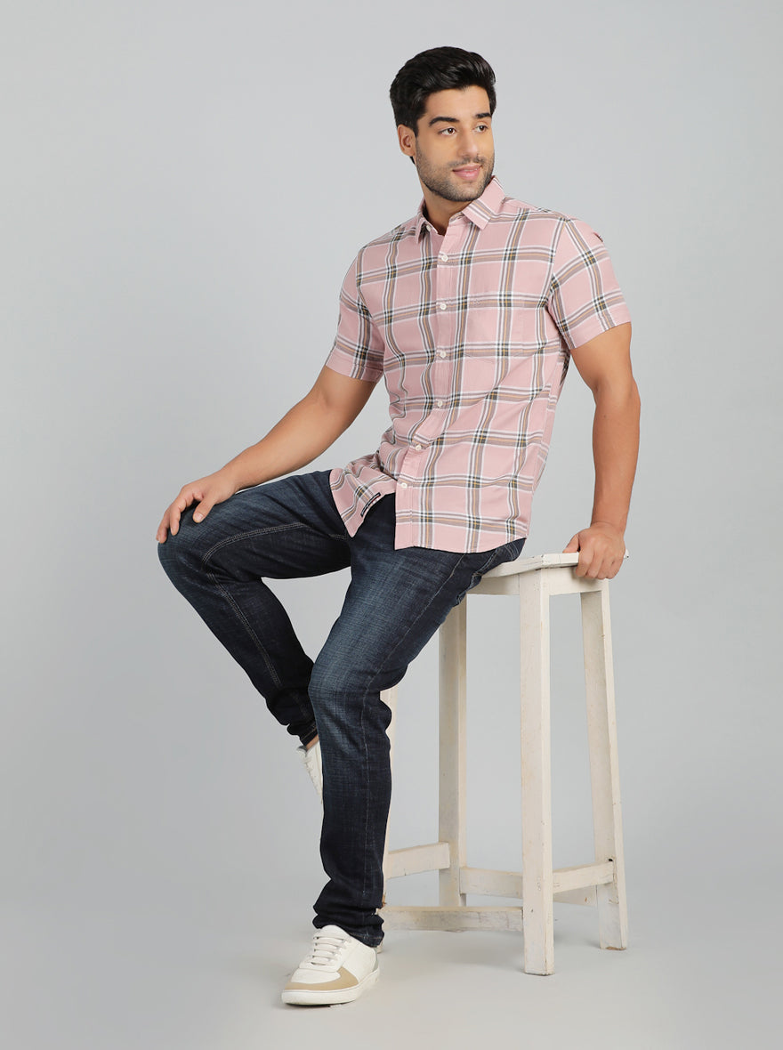 Dusky Pink Checked Slim Fit Casual Shirt | JadeBlue