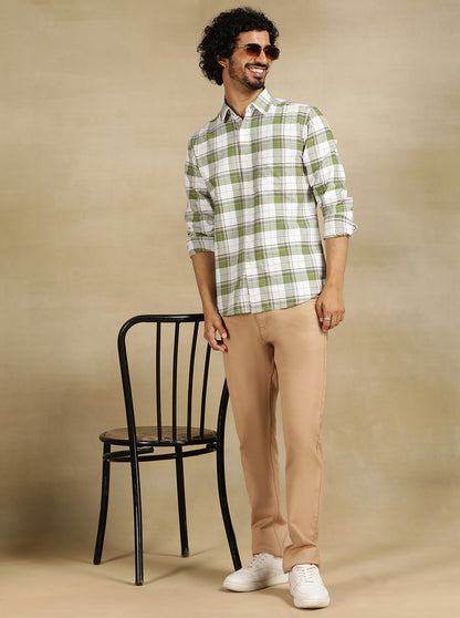 Green Checked Slim Fit Casual Shirt | Greenfibre