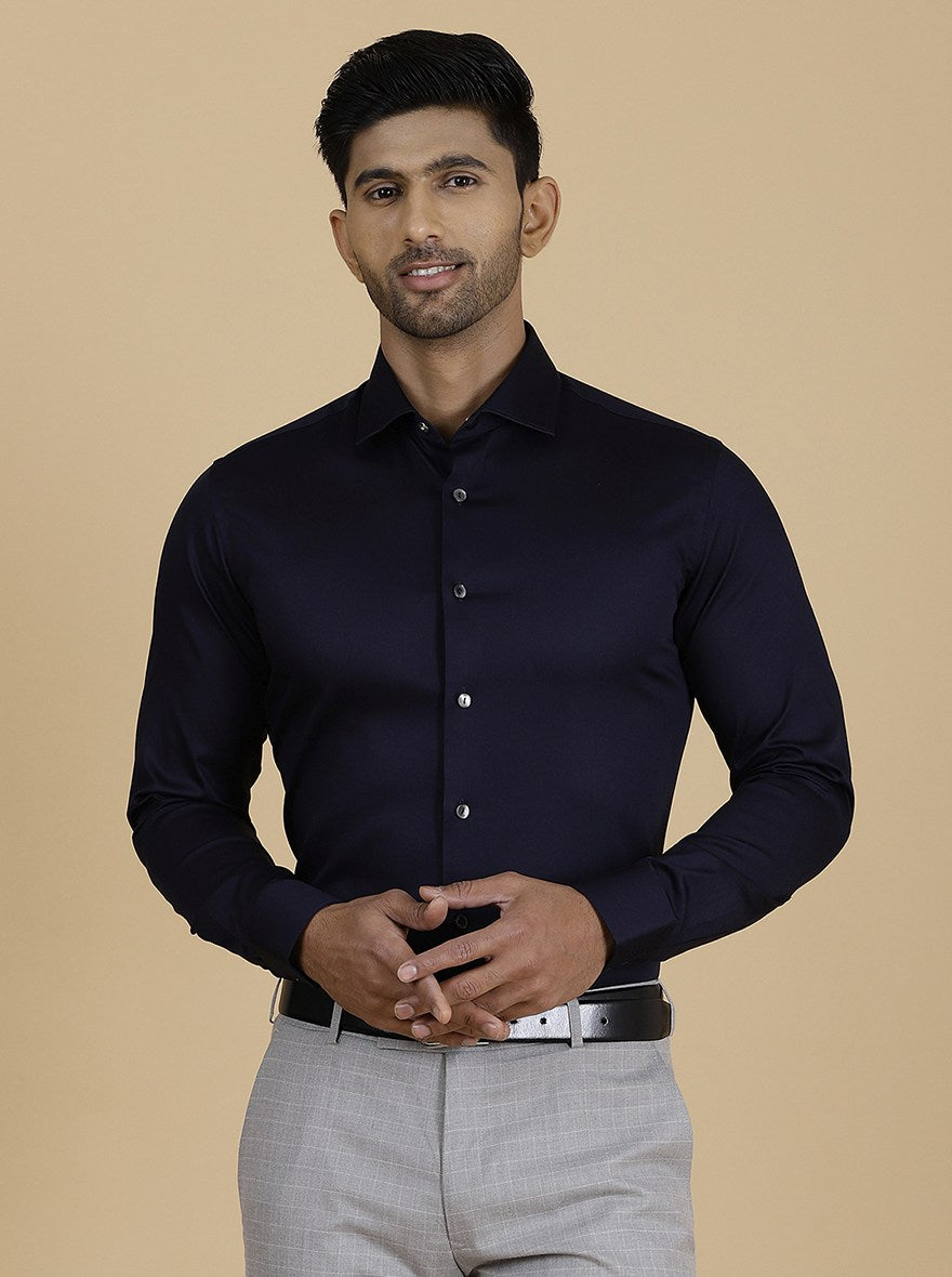 Navy Blue Solid Slim Fit Party Wear Shirt | Wyre