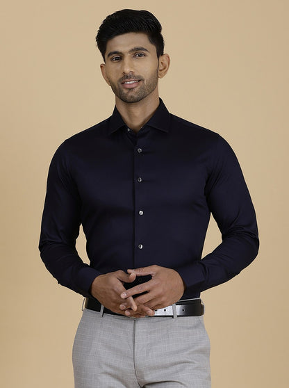 Navy Blue Solid Slim Fit Party Wear Shirt | Wyre