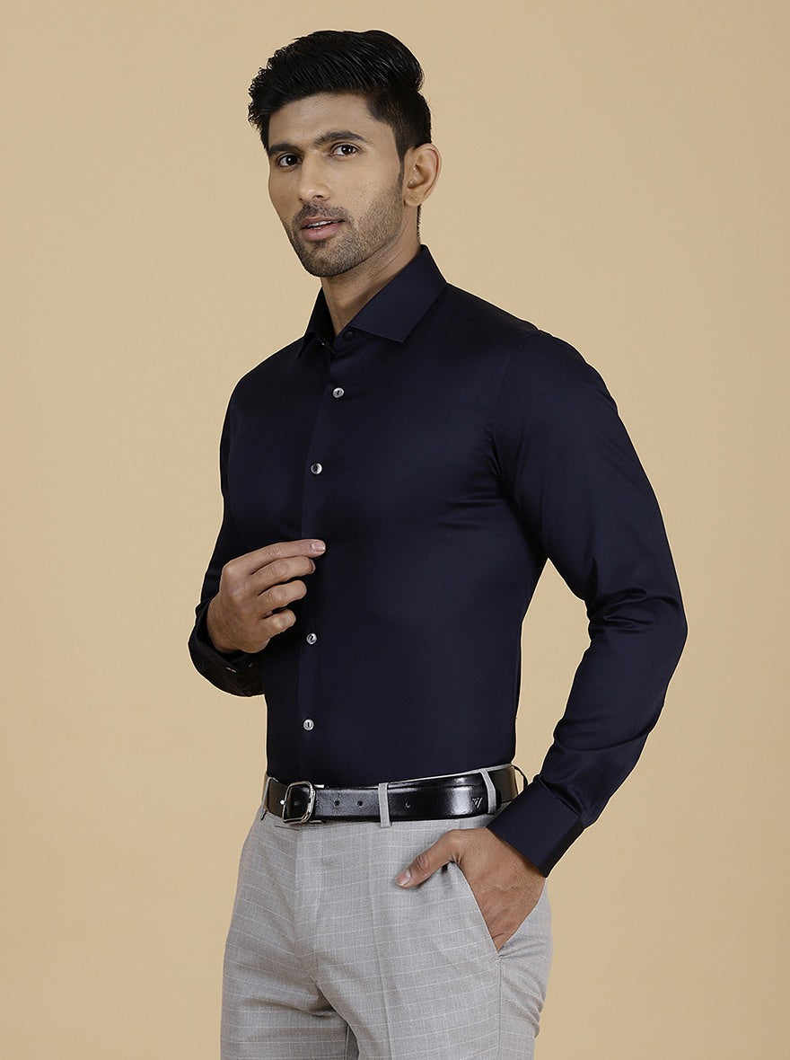 Navy Blue Solid Slim Fit Party Wear Shirt | Wyre