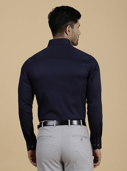 Navy Blue Solid Slim Fit Party Wear Shirt | Wyre