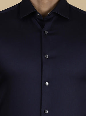 Navy Blue Solid Slim Fit Party Wear Shirt | Wyre