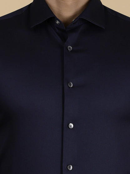 Navy Blue Solid Slim Fit Party Wear Shirt | Wyre