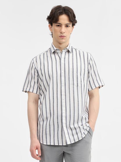 Grey Striped Tailored Fit Semi Casual Shirt | JadeBlue