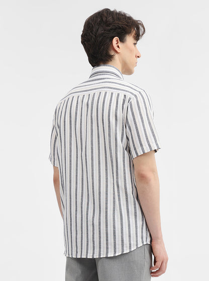 Grey Striped Tailored Fit Semi Casual Shirt | JadeBlue