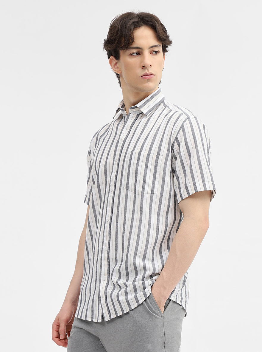 Grey Striped Tailored Fit Semi Casual Shirt | JadeBlue
