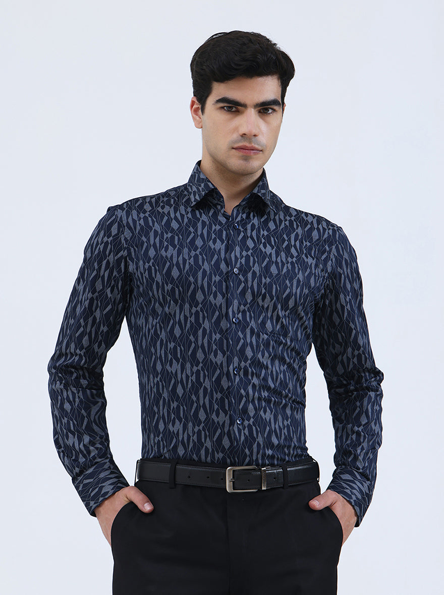 Blue Printed Slim Fit Formal Shirt | JadeBlue Youth