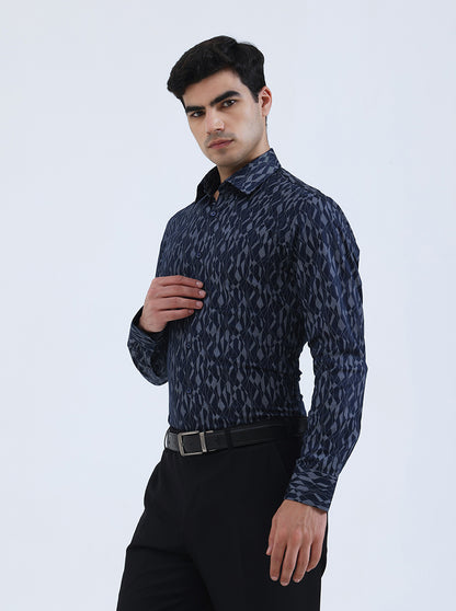 Blue Printed Slim Fit Formal Shirt | JadeBlue Youth