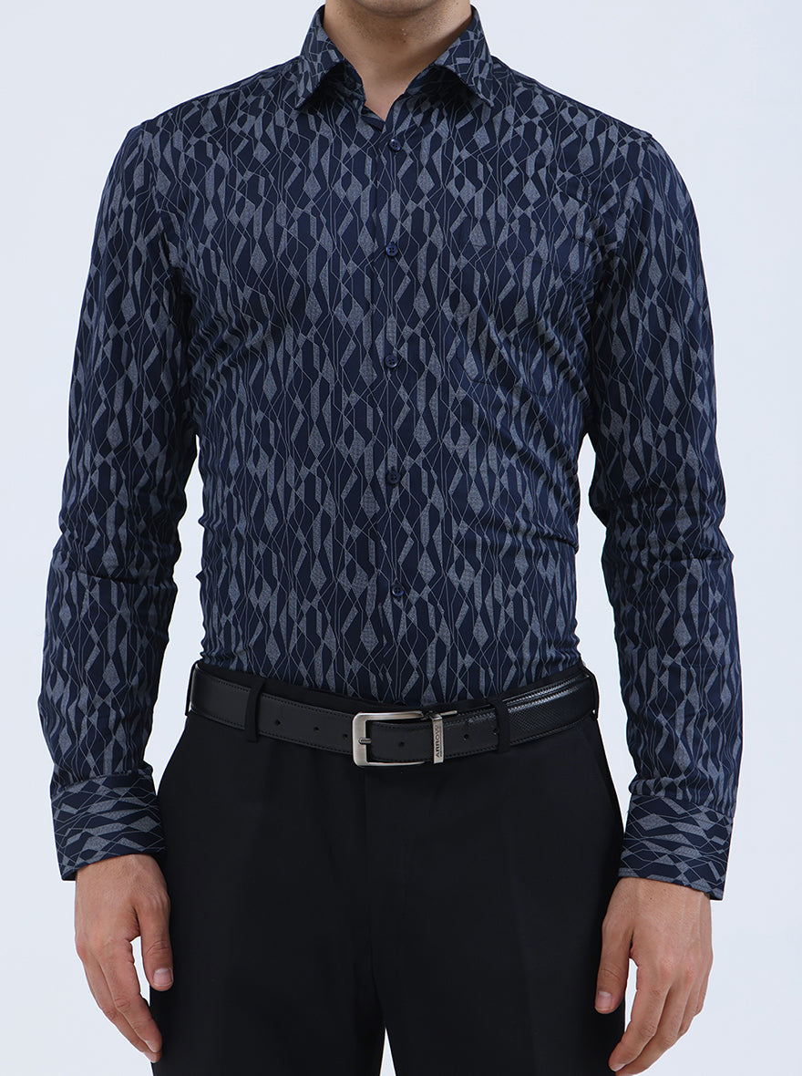 Blue Printed Slim Fit Formal Shirt | JadeBlue Youth