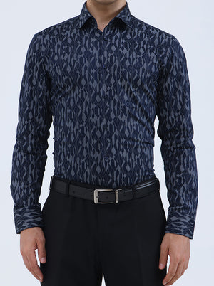 Blue Printed Slim Fit Formal Shirt | JadeBlue Youth