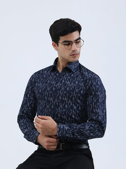 Blue Printed Slim Fit Formal Shirt | JadeBlue Youth