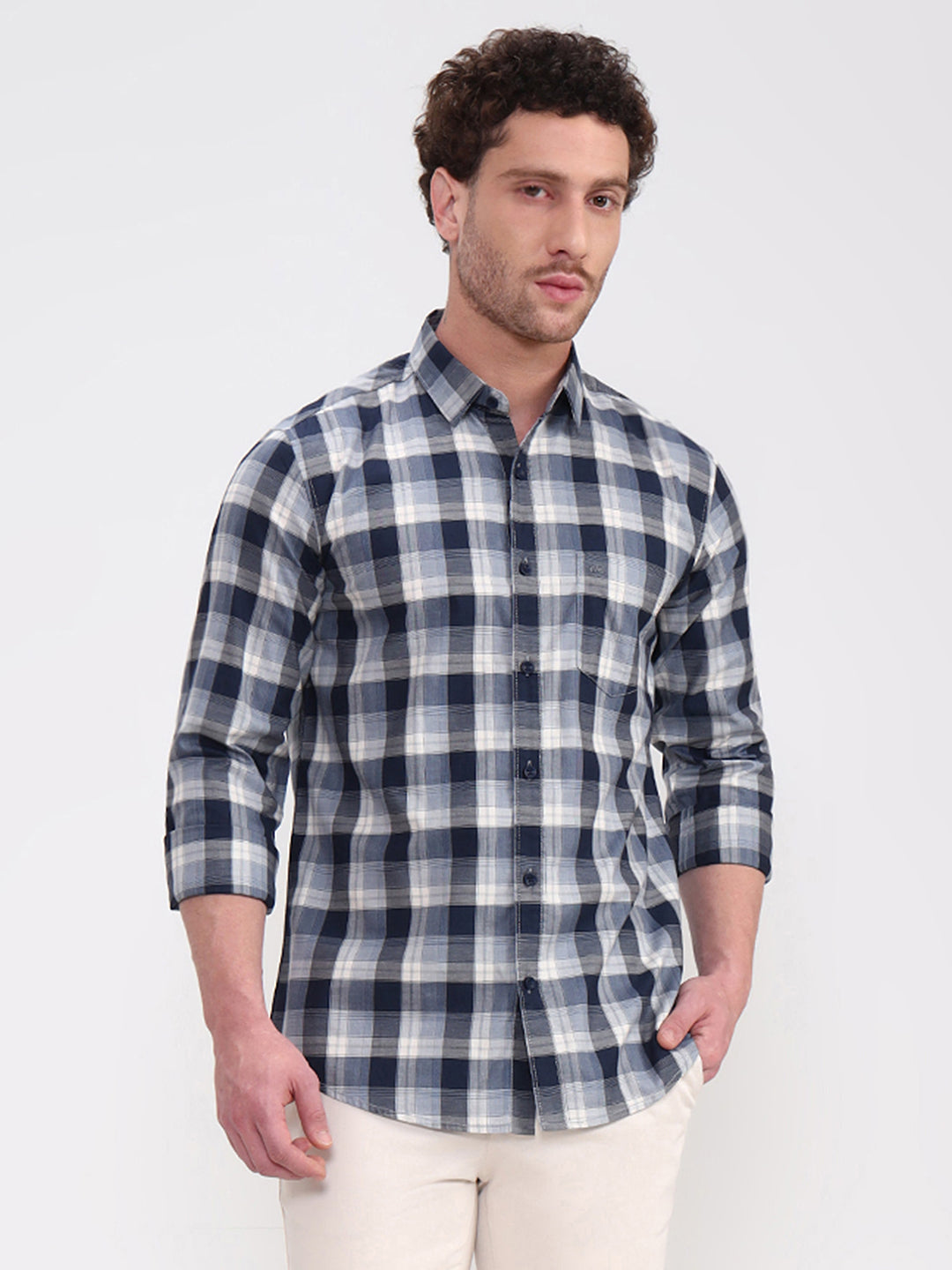 Navy Blue Checked Slim Fit Casual Shirt | JadeBlue