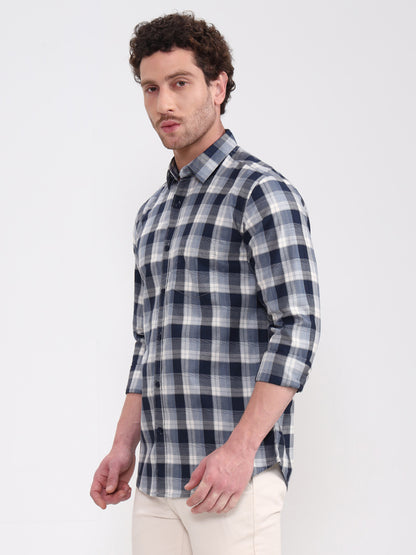 Navy Blue Checked Slim Fit Casual Shirt | JadeBlue