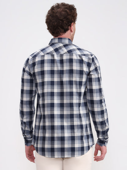 Navy Blue Checked Slim Fit Casual Shirt | JadeBlue