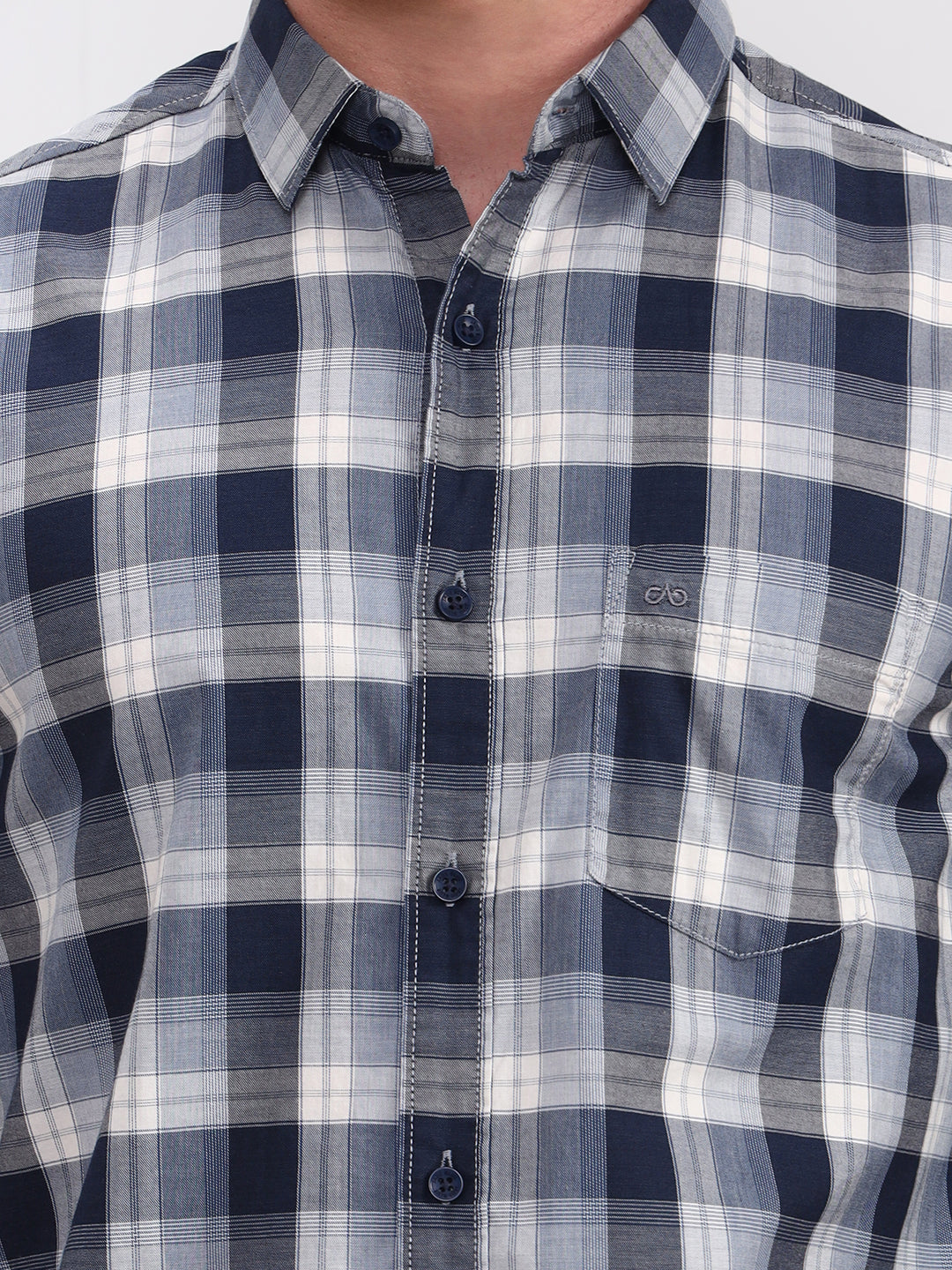 Navy Blue Checked Slim Fit Casual Shirt | JadeBlue