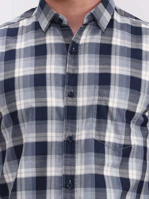 Navy Blue Checked Slim Fit Casual Shirt | JadeBlue