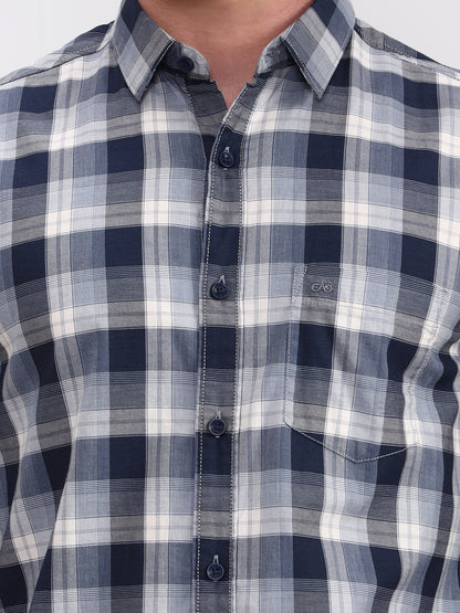 Navy Blue Checked Slim Fit Casual Shirt | JadeBlue