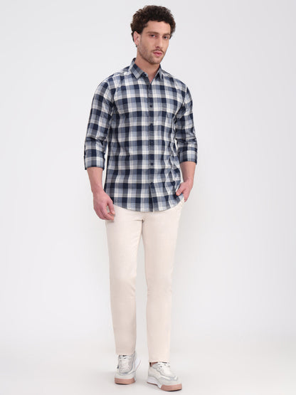 Navy Blue Checked Slim Fit Casual Shirt | JadeBlue