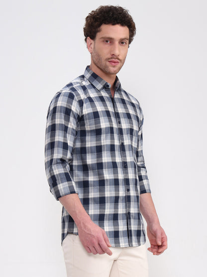 Navy Blue Checked Slim Fit Casual Shirt | JadeBlue