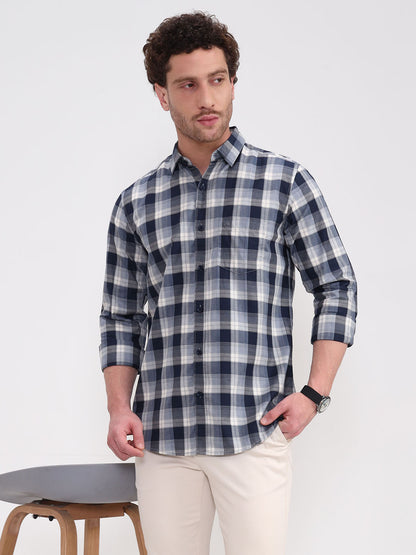 Navy Blue Checked Slim Fit Casual Shirt | JadeBlue