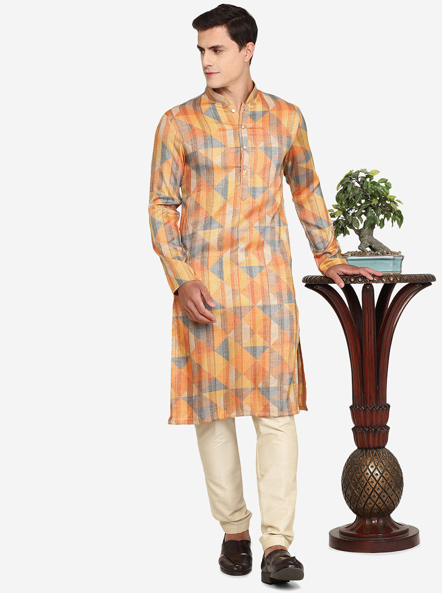 Multi Orange Printed Cotton Blend Kurta | The Kurta Company