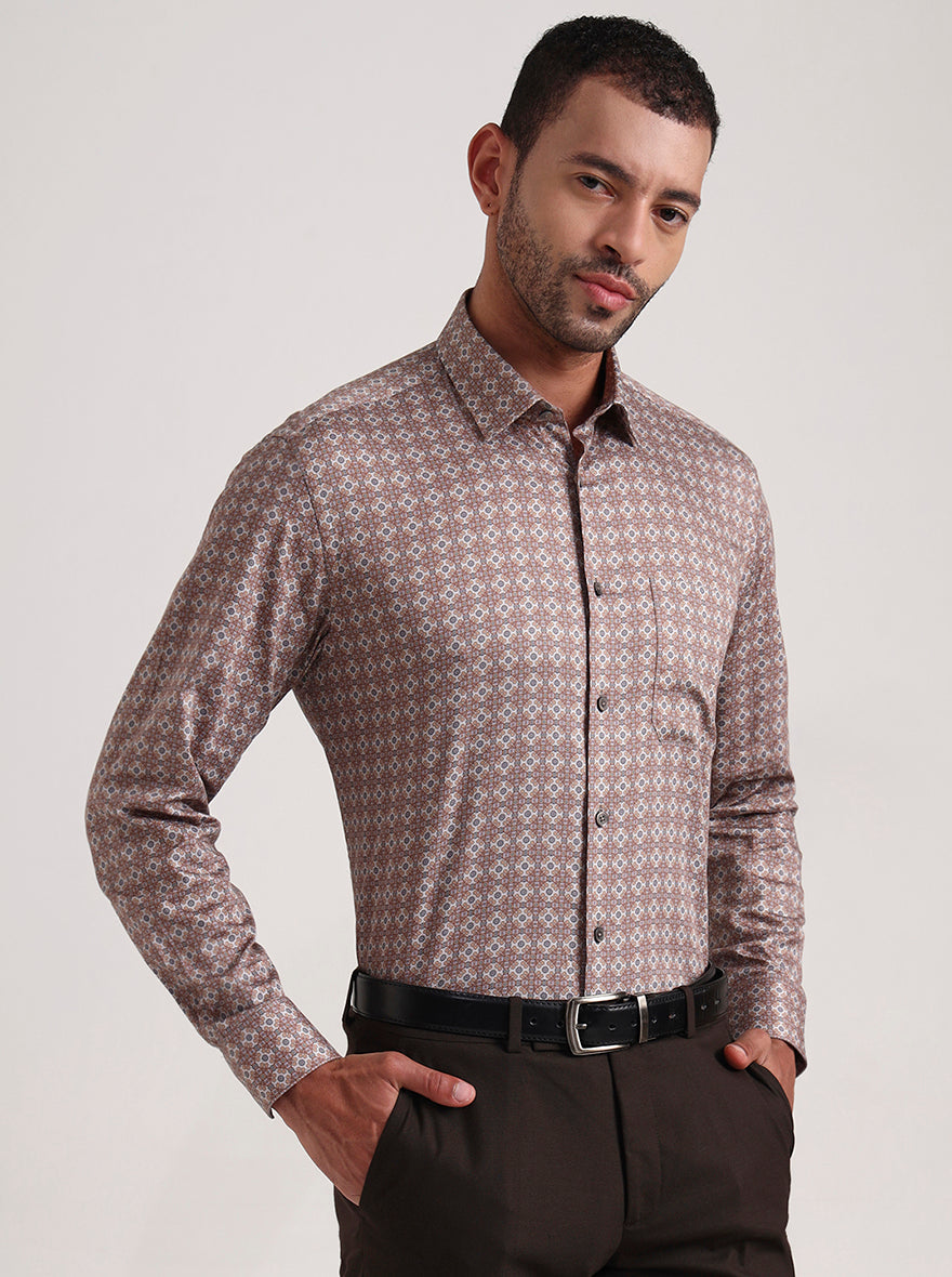 Brown Printed Slim Fit Formal Shirt | Metal