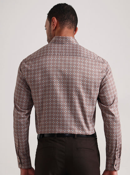 Brown Printed Slim Fit Formal Shirt | Metal